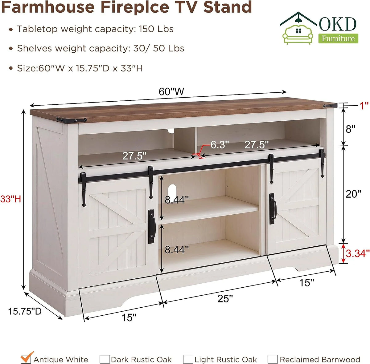 OKD Farmhouse Fireplace TV Stand up to 70", Entertainment Center with 23" Fireplace & Open Storage Shelves for Living Room, Antique White