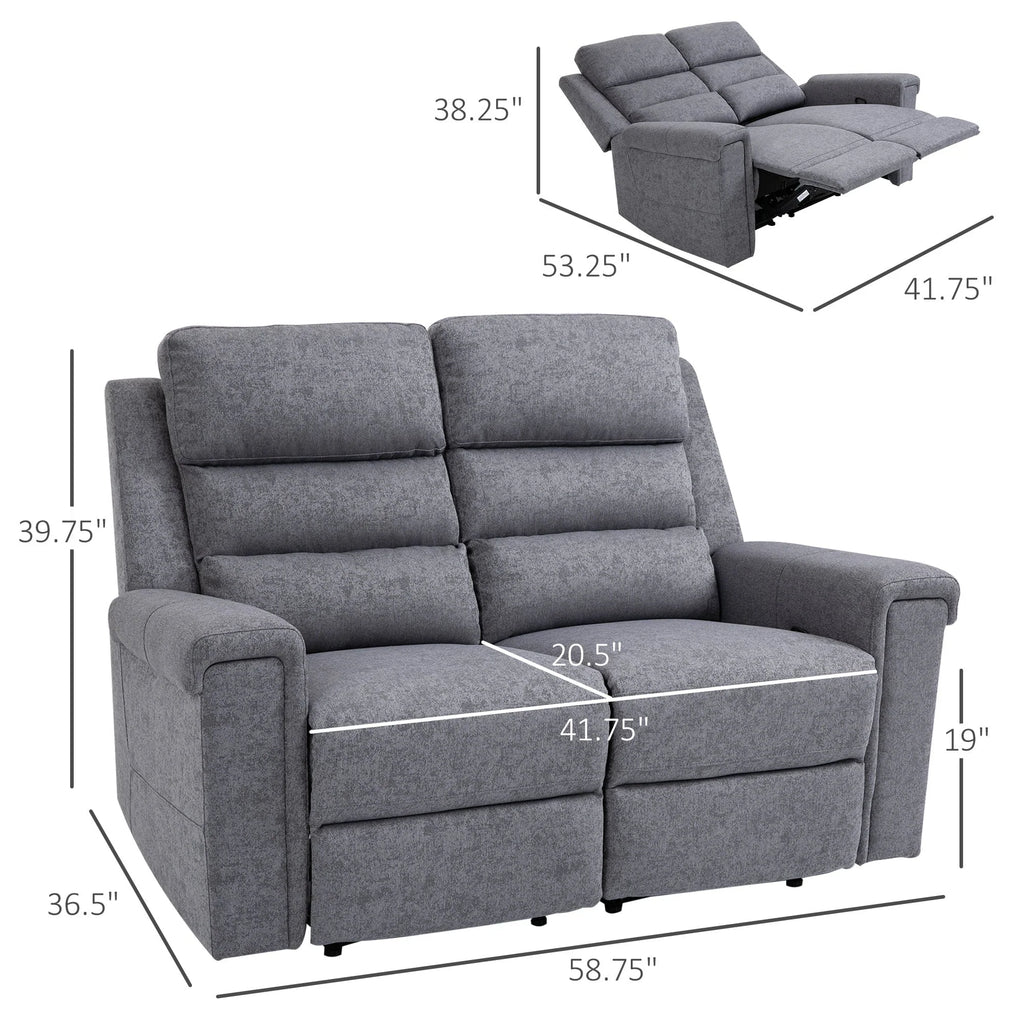 HOMCOM Modern 2 Seater Manual Reclining Sofa Loveseat Couch with Linen Fabric and Thick Sponge Padding for Living Room, Grey