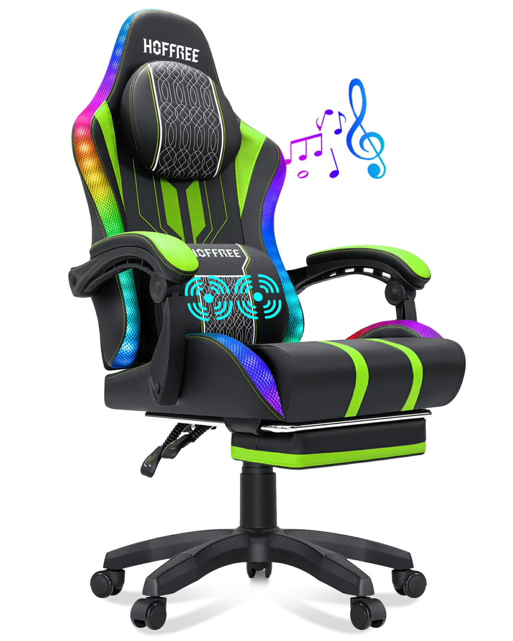 HOFFREE Big and Tall Gaming Chair with Speakers and RGB Lights, Gamer Chair with Footrest, Lumbar Support Height Adjustable 360-Swivel Seat and Headrest for Adults, 400lbs