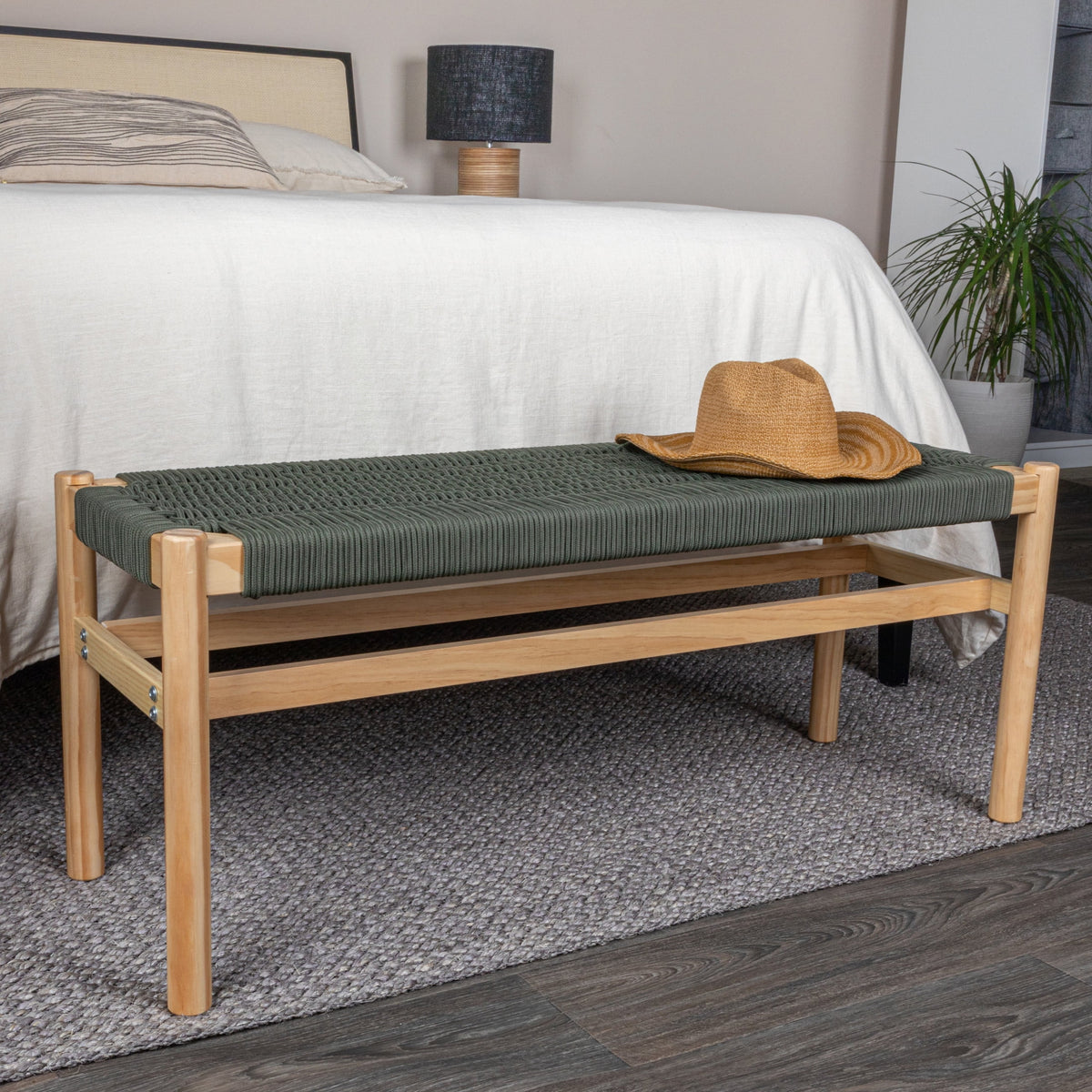 Main + Mesa Fernway Solid Wood and Woven Rope Entryway Bench, Moss Green