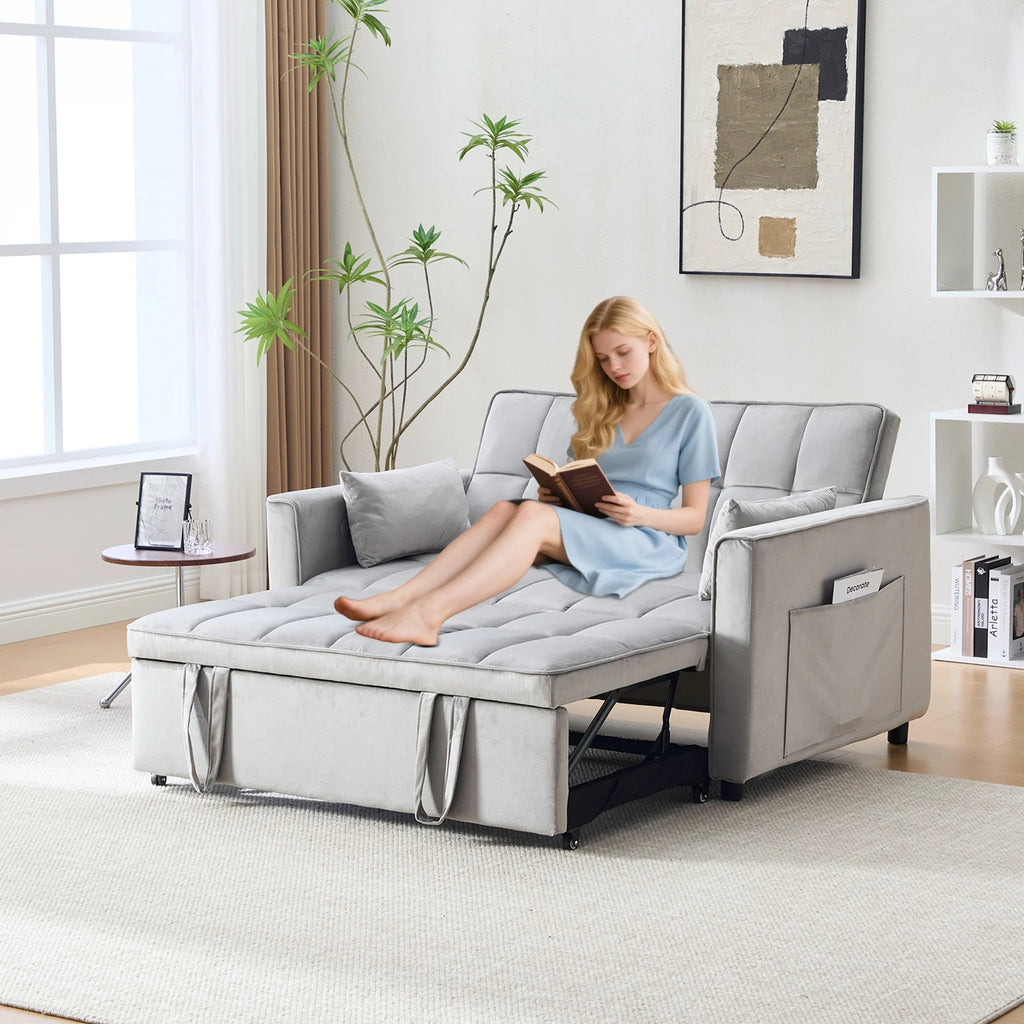 BINBANK Black Velvet 3-in-1 Convertible Sleeper Sofa Bed a?? USB Charging, Adjustable Backrest Pull-Out Futon Loveseat Couch for Living Room, Apartment & Small Space