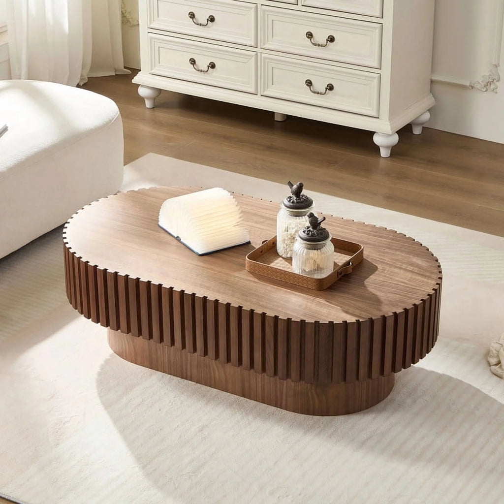 FFH 43.7 inch Oval Coffee Table for Living Room,Handcraft Rustic Corner Coffee Table Nature Wood Relief Sturdy Pedestal for Apartmen,Side Table Centre Table,Nature Wood