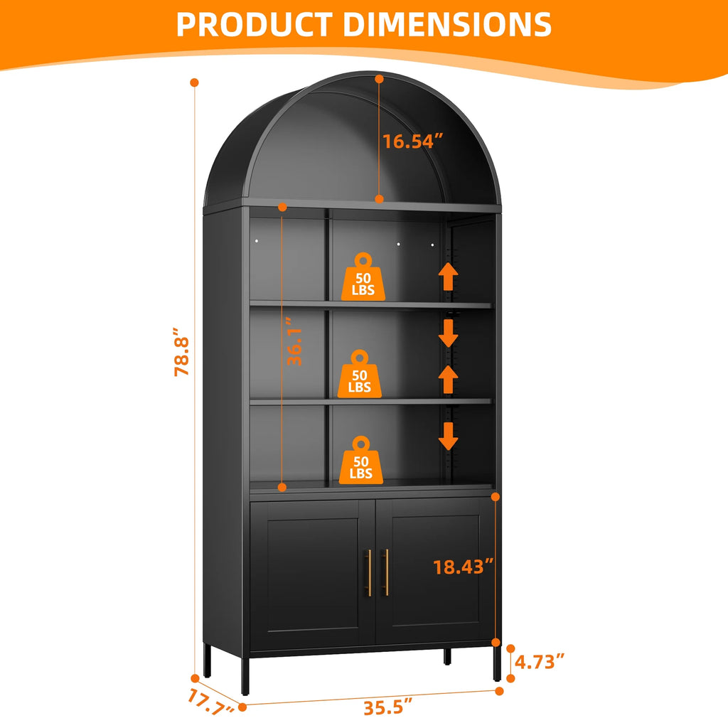 SUPEER Metal Arched Storage Display Cabinet with Glass Doors and Adjustable Shelves, Lockable Cabinet, Assembly Required, Black