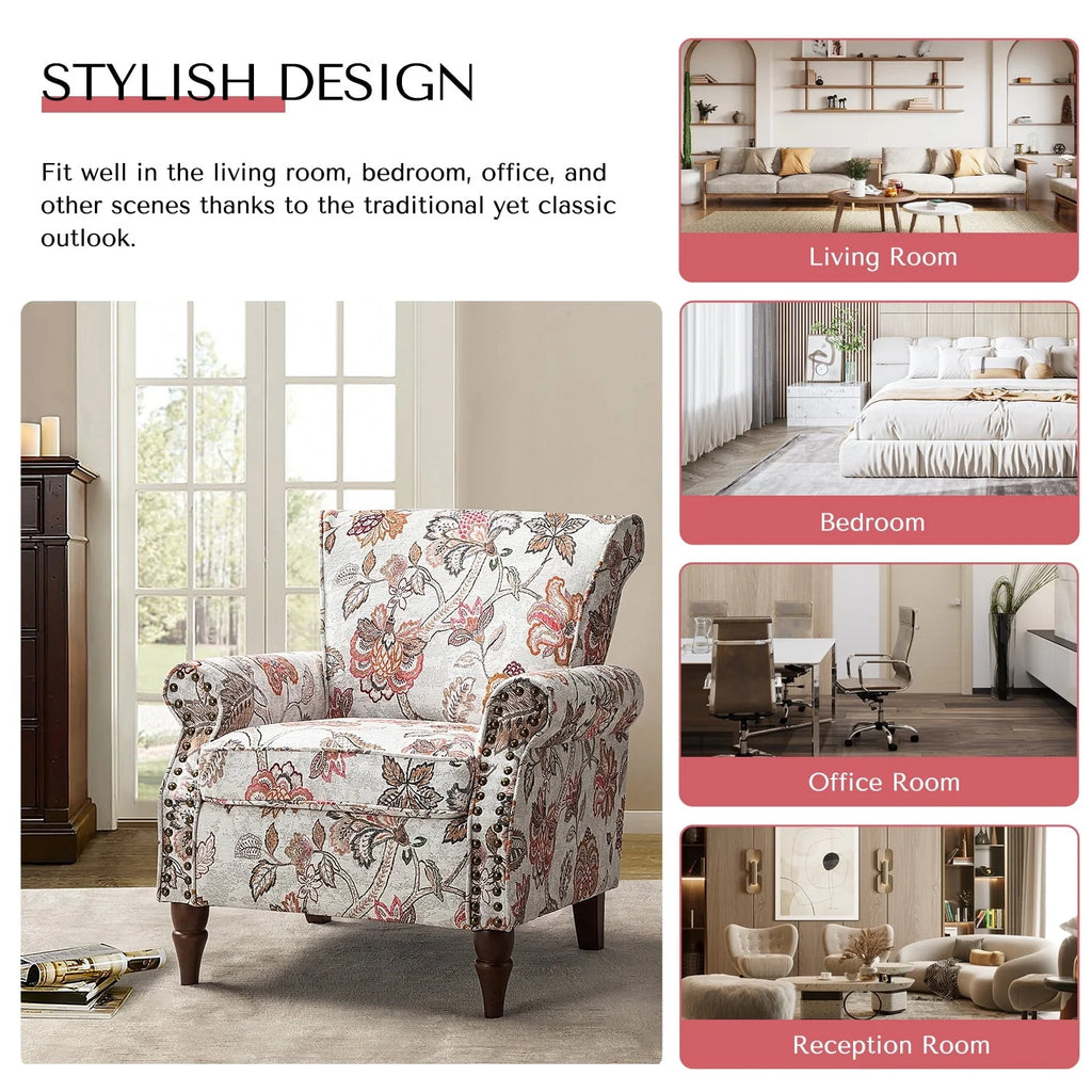 14 Karat Home Wingback Accent Chair Removable Cushion Floral Upholstered Sofa Armchair Couch Wood Legs Nailhead Trim Pink