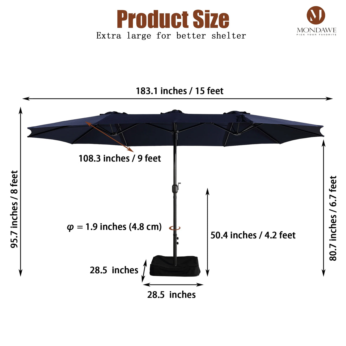 Mondawe 15ft Patio Umbrella Rectangular Outdoor Market Umbrella with Base and LED Lights Beige