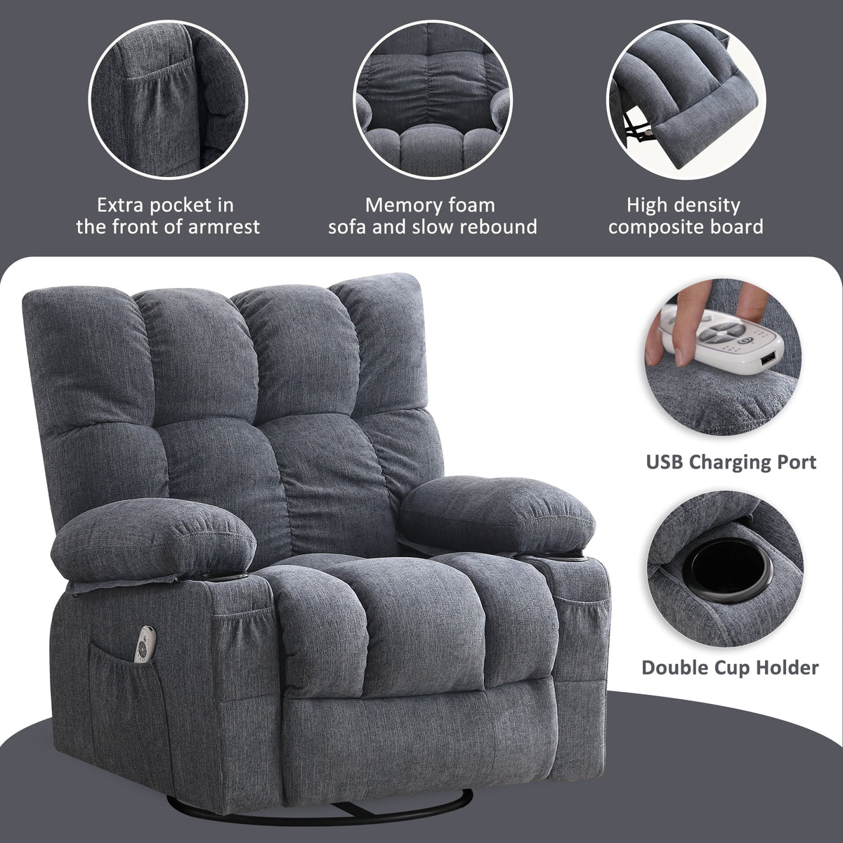 JONPONY Manual Recliner Chair with Heat Therapy and Massage Function, Heavy Duty Reclining Mechanism Massage Chair, Elderly Single Rocker Sofa with Cup Holders for Bedroom Home Theater,Grey