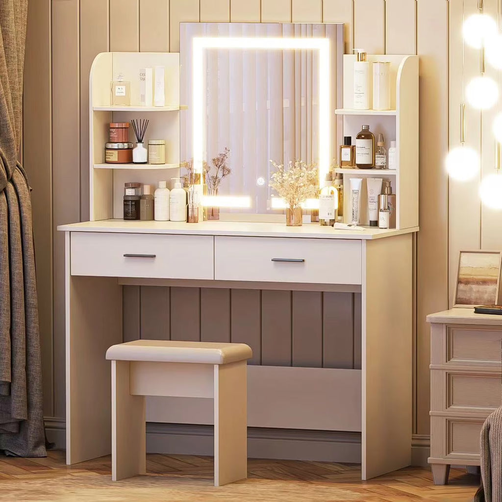 Vanity Desk with Chair, White Makeup Desk Set with Mirror & LED Lights, Vanity Table with Power Strip, 2 Drawers, 4 Shelves