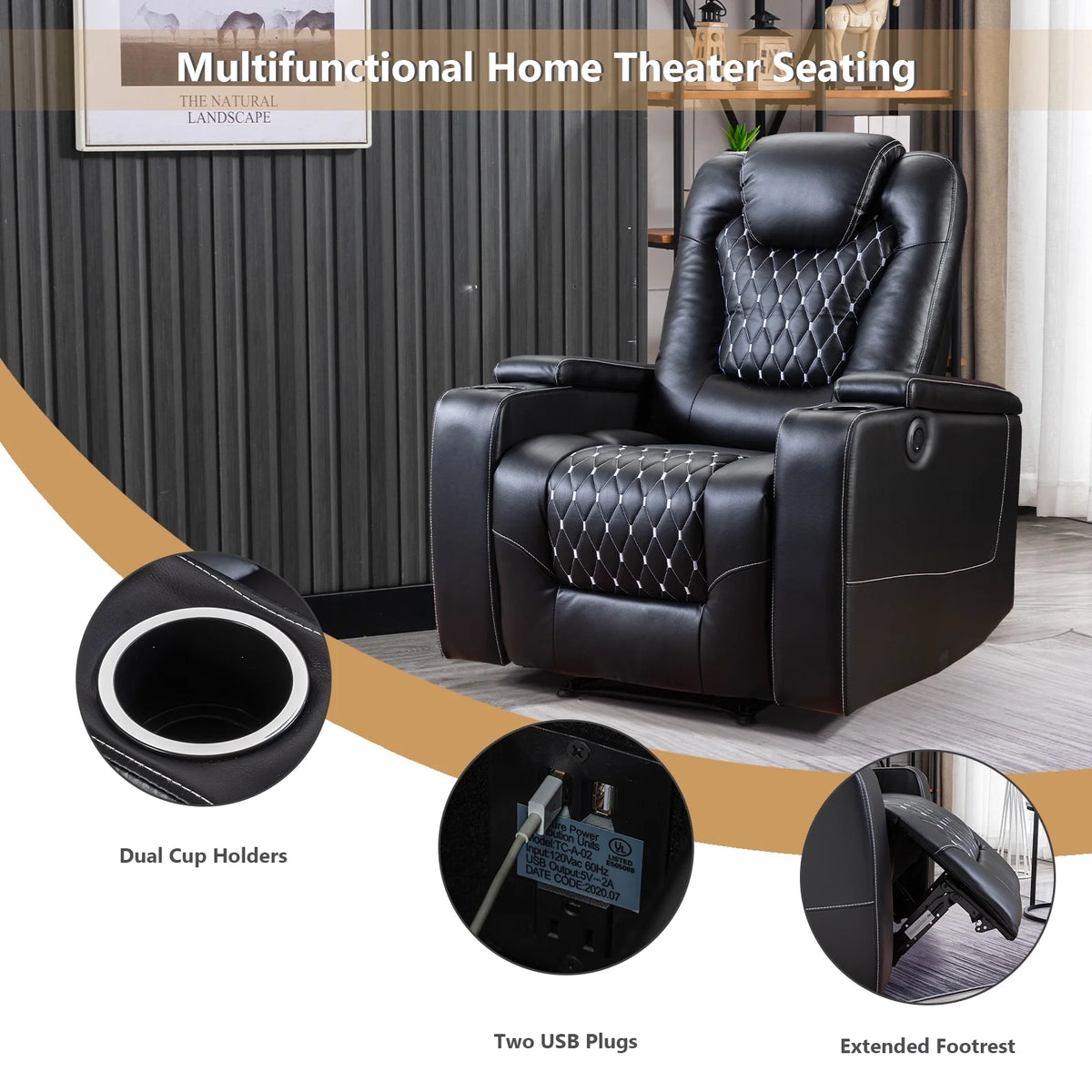 Bonzy Home Overstuffed Electric Home Theater Seating PU Leather Reclining Furniture with with USB Ports and Cup Holders and Hidden Arm Storage - Black