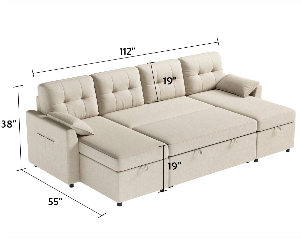 VANACC Sectional Sofa Bed with Storage and Soft Seat ,Reversible Pull Out Couch for Living Room,Beige
