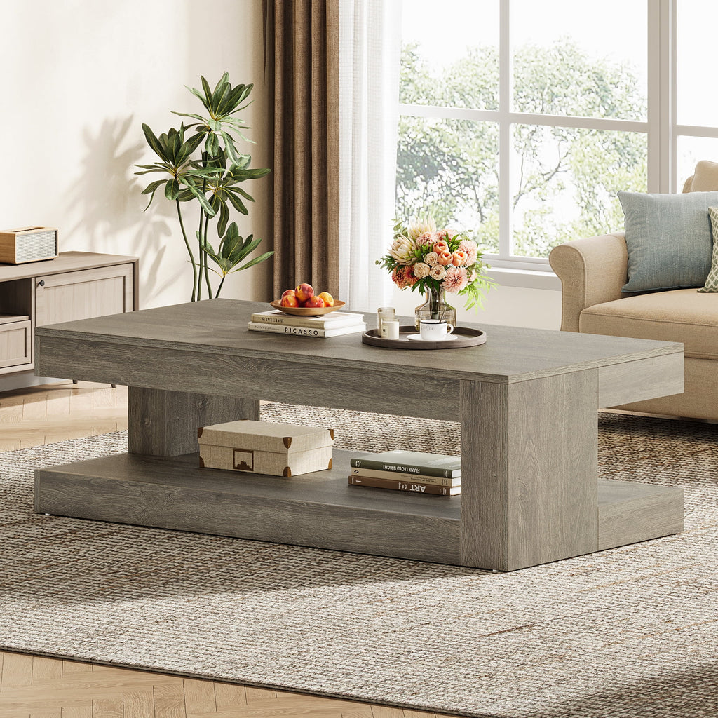 Tribesigns Coffee Table for Living Room, 47.24-Inch Farmhouse 2-Tier Accent Center Tea Cocktail Table with Storage, Elegant Grey, Rectangular