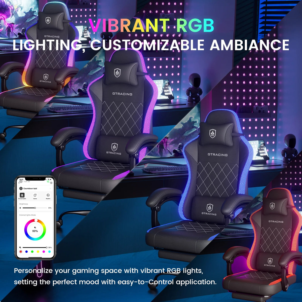 GTRACING RGB Ergonomic Gaming Chair with Massage, LED Lights, Footrest, Lumbar Support and Backrest, Black