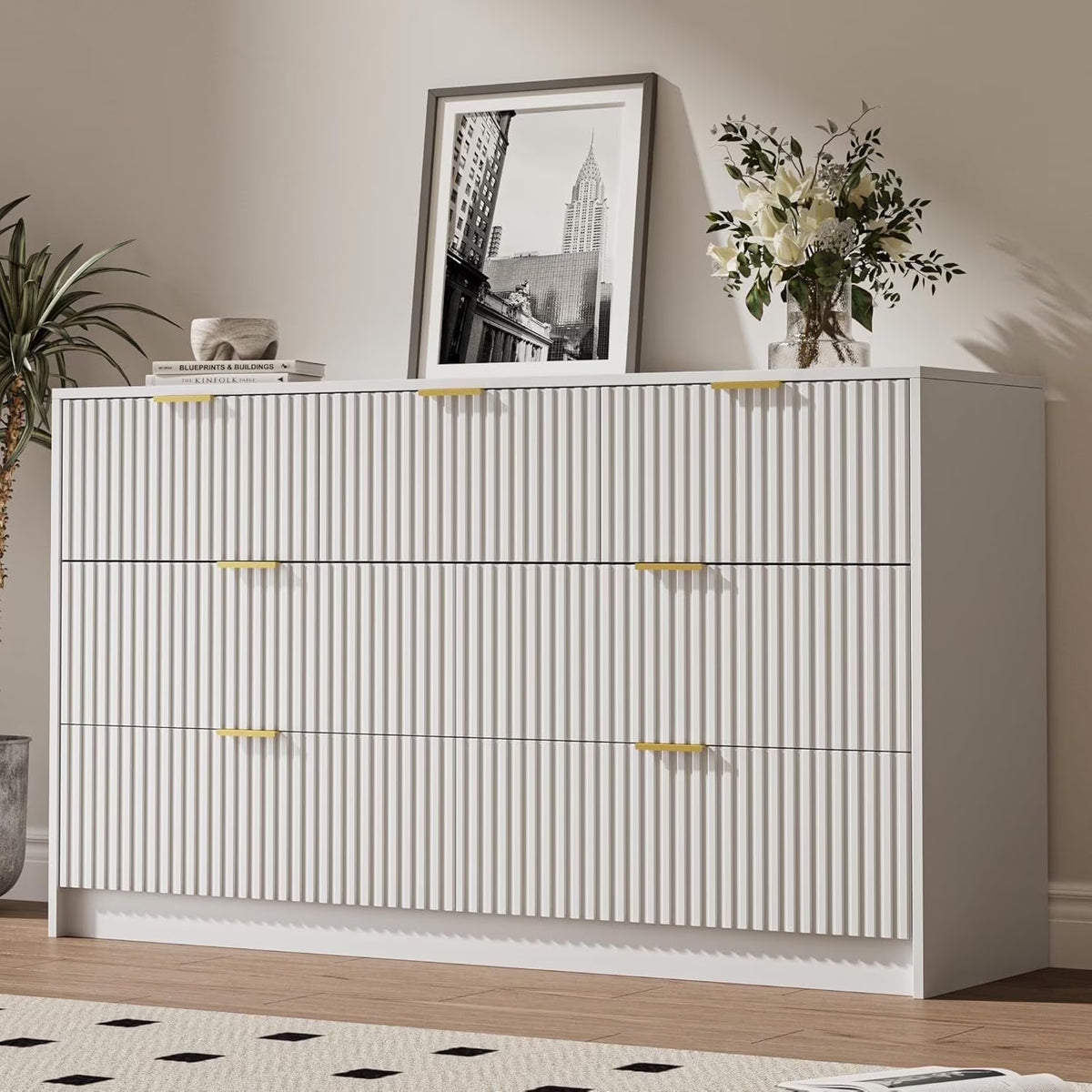 Furniway Black Dresser for Bedroom, 8 Drawer Double Dresser, Modern Chest of Drawers for Bedroom, Living Room, Entryway and Closet, 55" L x 15.7" D x 37.4" H