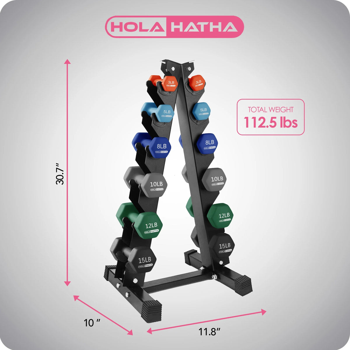 HolaHatha Neoprene Dumbbell Weight Set with Rack (Black), 112.5 lb