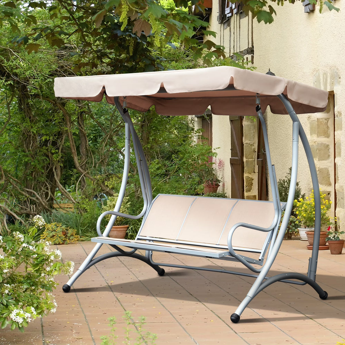 Outsunny 3 Person Patio Swing Seats, Porch Swing with Stand & Adjustable Canopy, Heavy Duty Outdoor Swing Chair Bench for Adults, Black