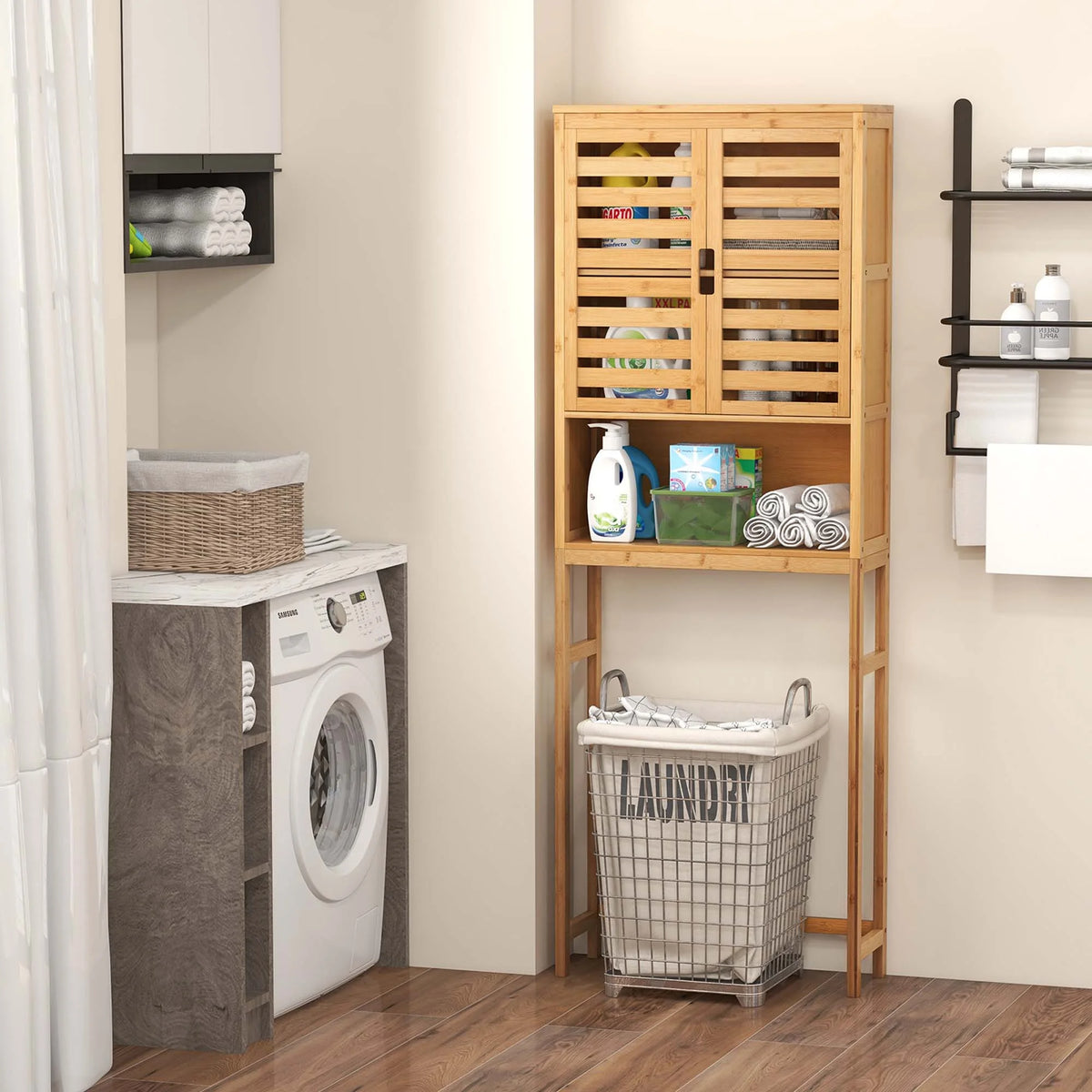 Costway Over the Toilet Storage Cabinet Tall Bathroom Bamboo Shelf Organizer Space Saver