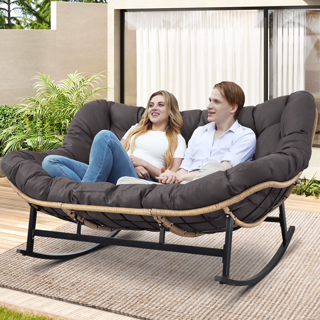 RADIATA Beige Double Outdoor Rocking Chair, 2 Person Patio Rocking Egg Chair with Thick Cushion