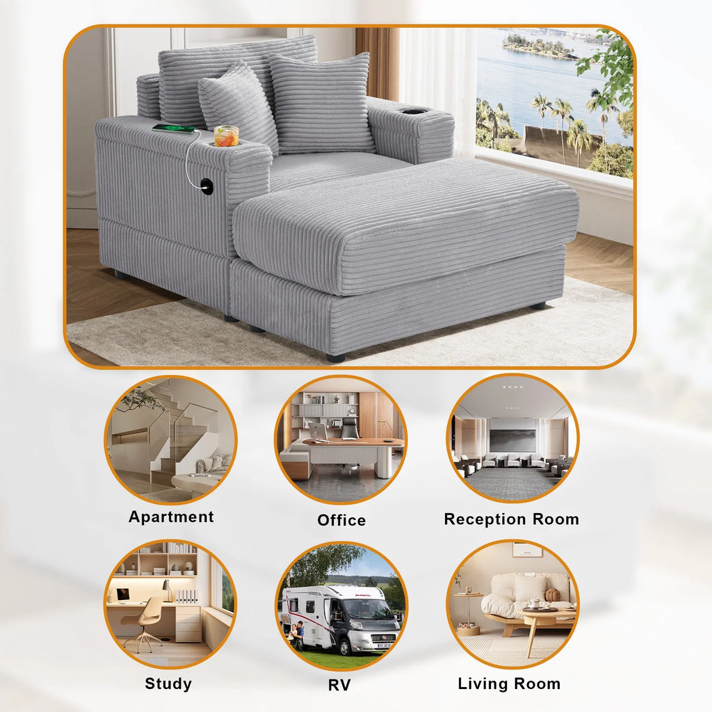 Wiilayok Oversized Lounge Chair Indoor,54" Corduroy Cloud Chaise Lounge Couch Indoor with Ottoman,Cup Holder for Living Room,Bedroom,Beige