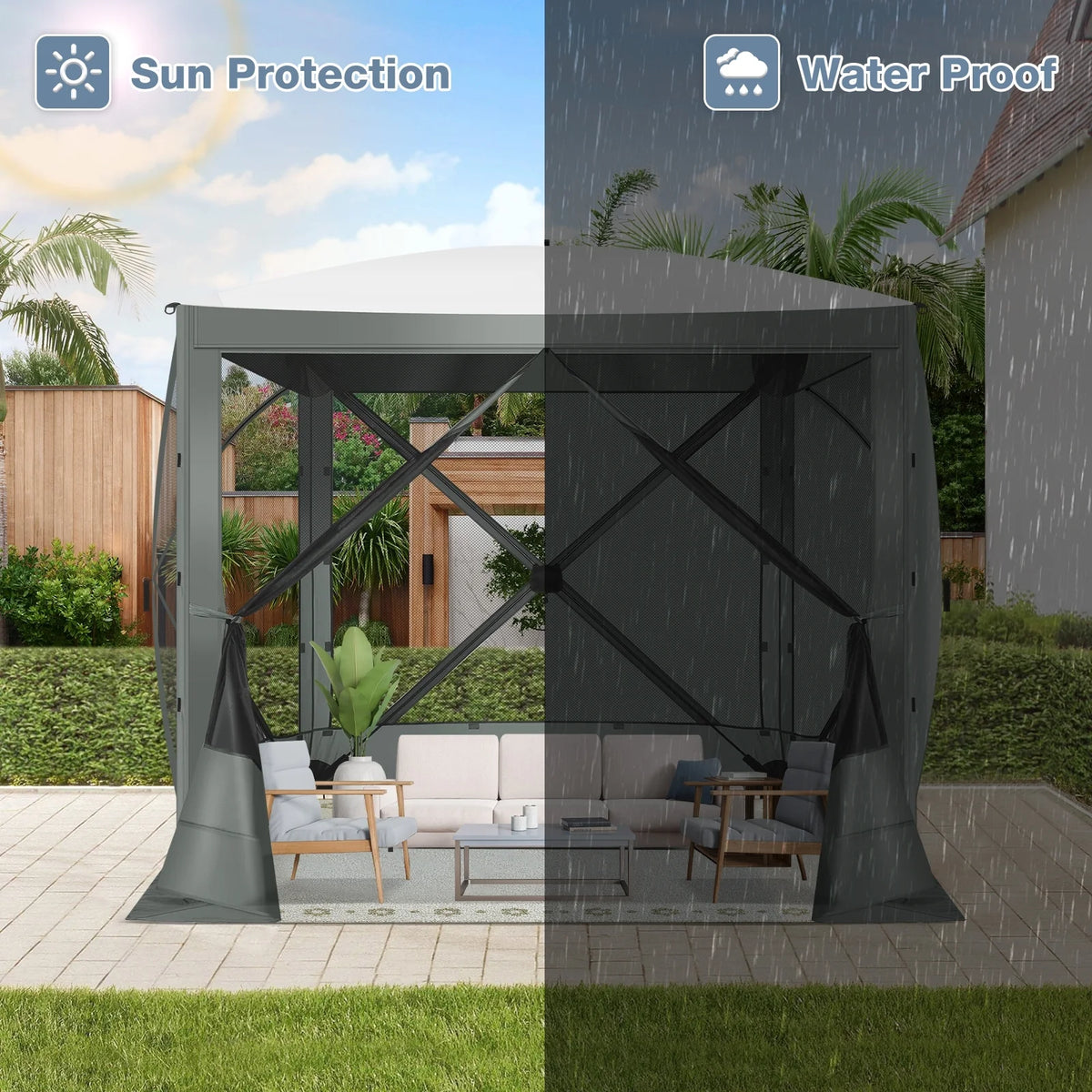 COBIZI 8x8 Pop up Gazebo Tent, Ez up Waterproof Screen Tent Screen House, Portable Outdoor Canopy Sun Shelter with 3 Sidewalls, Carry Bag & Ground Stakes for Camping, Garden and Picnics, Gray