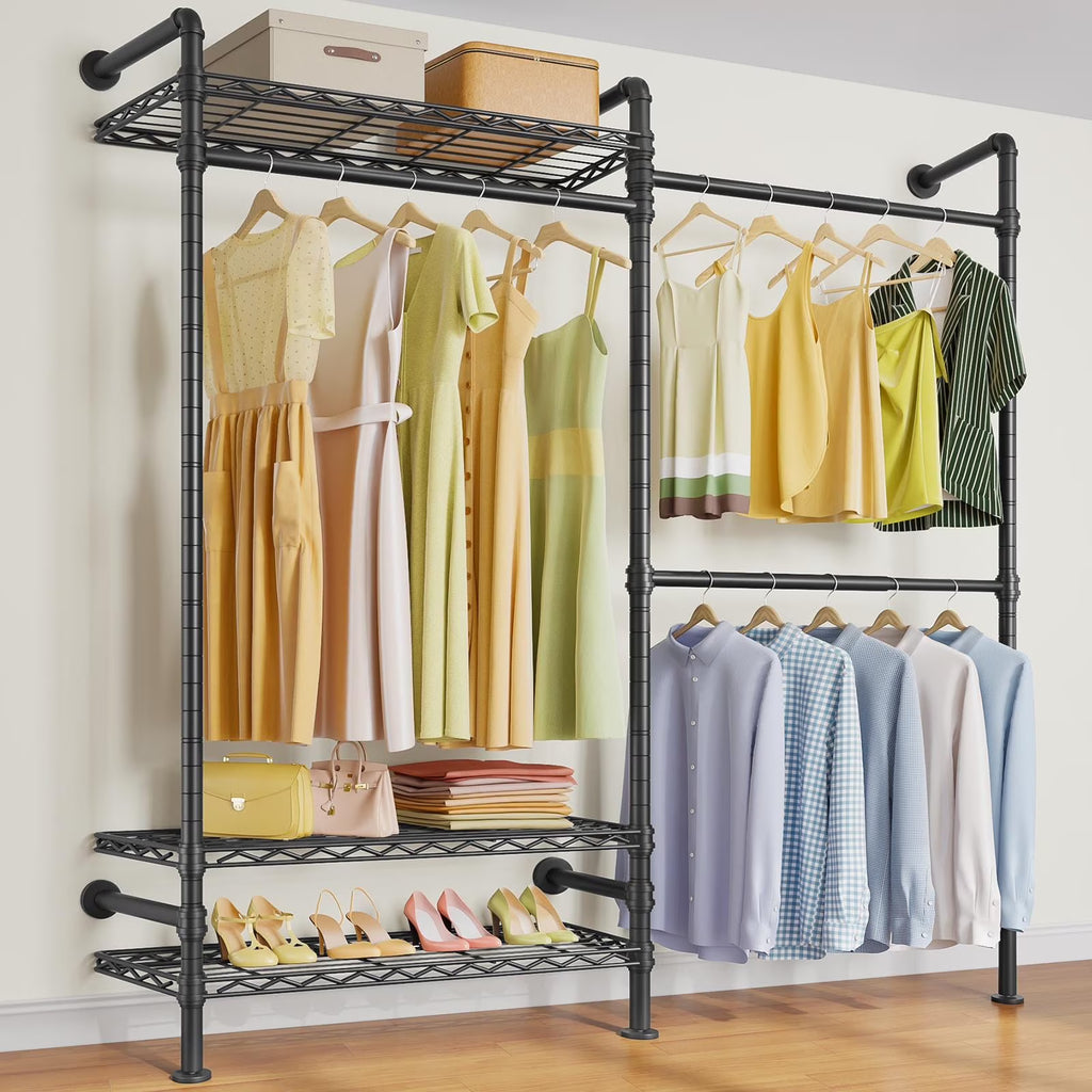 Timate F2 Industrial Pipe Clothes Rack Wall Mounted Clothing Rack for Hanging Clothes,Black