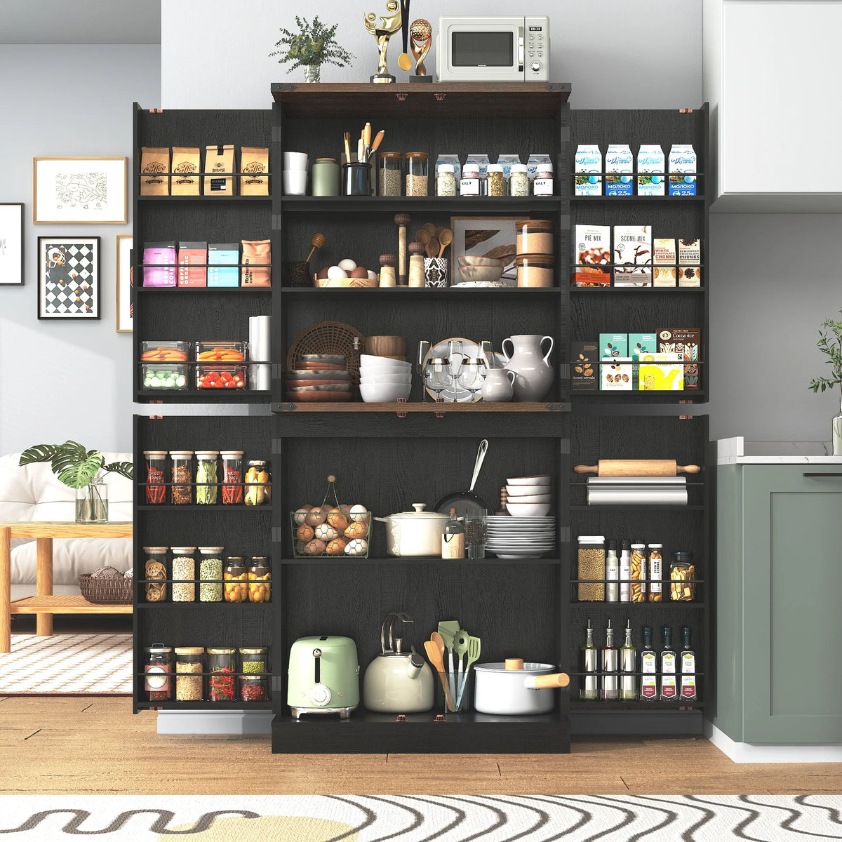 71" Tall Farmhouse Kitchen Pantry with 12 Side Shelves & Adjustable Shelves, 5 Layers Pantry Storage Cabinet w/Load-Bearing Steel Pipe & 4 Barn Doors for Kitchen, Dining Room, Living Room, Brown