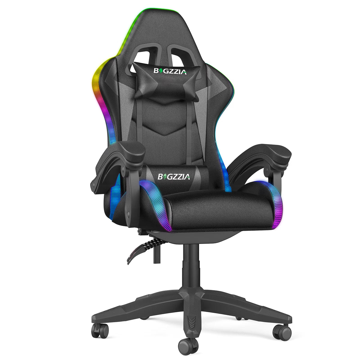 Bigzzia Gaming Chair with LED Lights Ergonomic Office Chair for Adults and Kids - Adjustable Height, 360�� Swivel, Headrest Support, Mesh PU Leather, Black & Green
