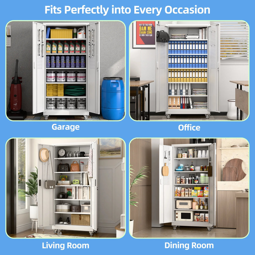 GangMei 71 inches Tall Metal Rolling Garage Storage Cabinets with Locking Doors and 5 Adjustable Shelves, Metal Storage Cabinet for Garage, Office, Home, Classroom, Assemble Required(Black)