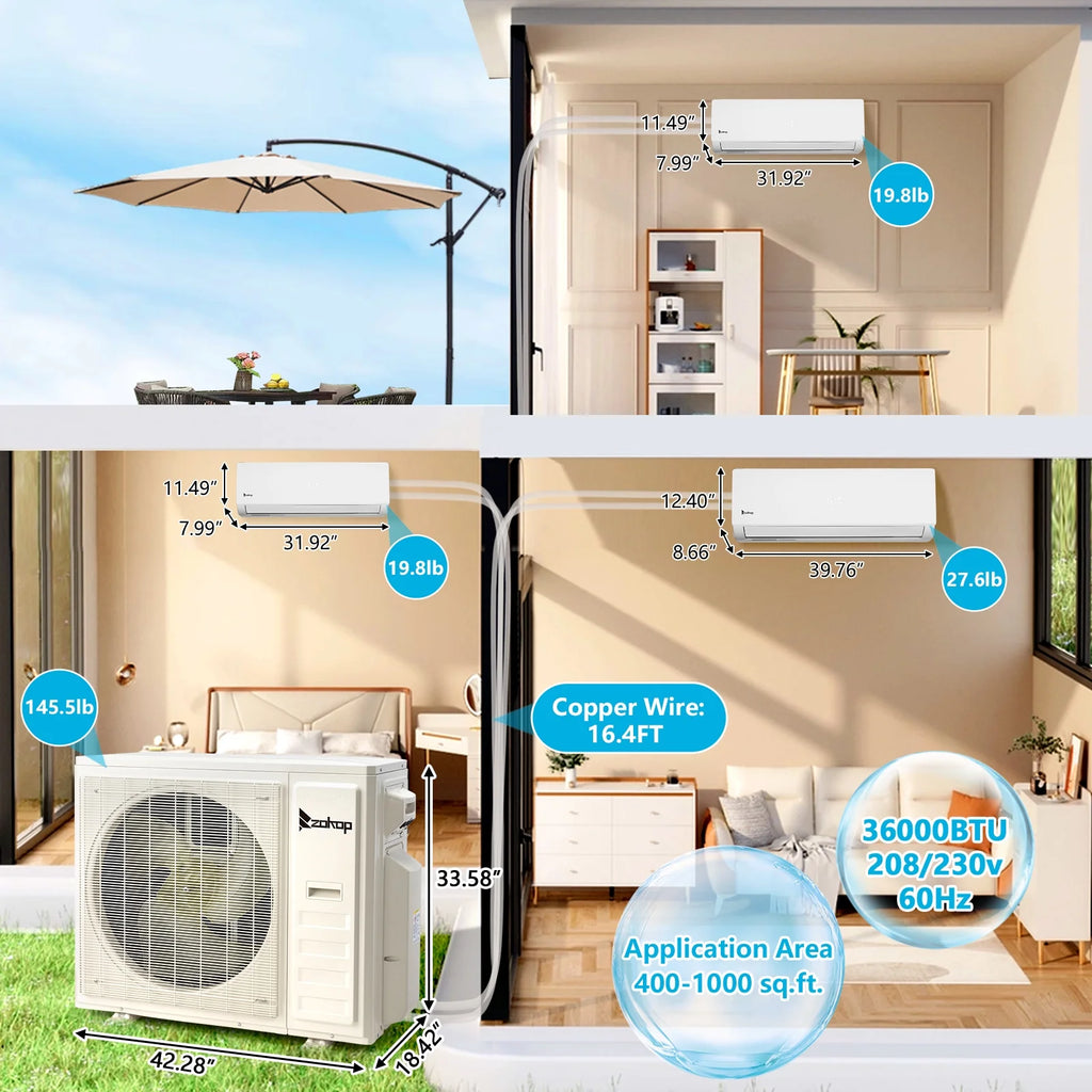Ktaxon 2 Zone 9000 + 9000 BTU WIFI Mini Split AC/Heating System, 19 SEER2 Dual Zone 18000 BTU Ductless Split Air Conditioner with Pre-Charged Condenser, Heat Pump & 25Ft Installation Kit, 208-230V