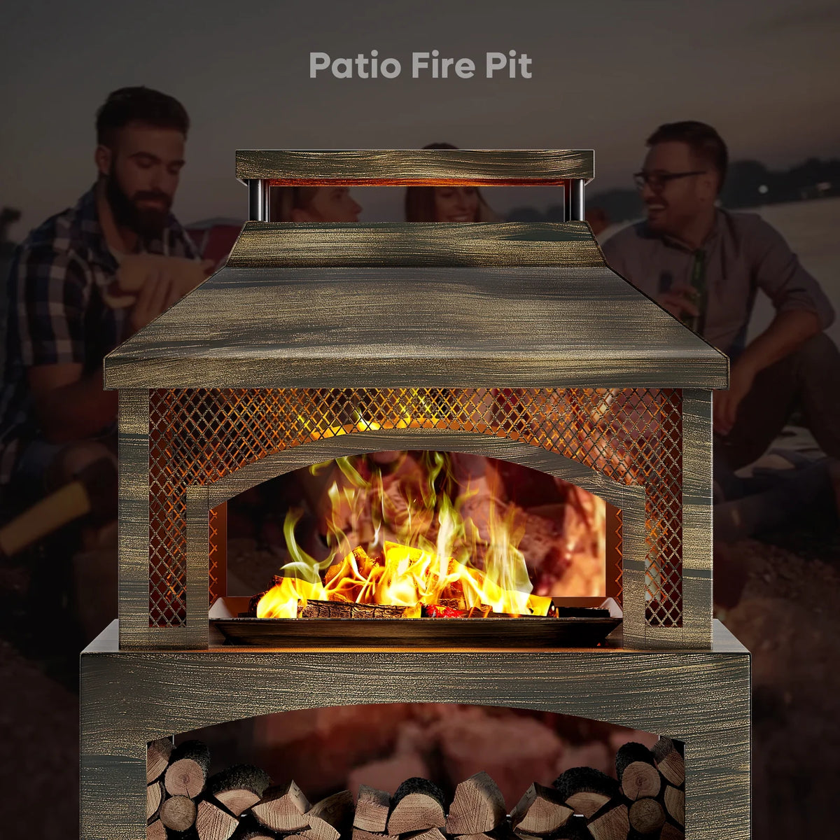 Bestier Fire Pits for Outside Wood Burning, Outdoor Fireplace with Log Storage Rack, Freestanding Chiminea Fireplace with Mesh Screen and Pocker for Backyard Patio Party Camping Picnic, 37"
