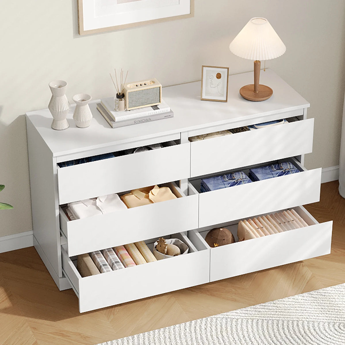 LAFGUR 6 Drawer Double Dresser,Wood Storage Organizer Cabinet Chest for Bedroom Living Room,White