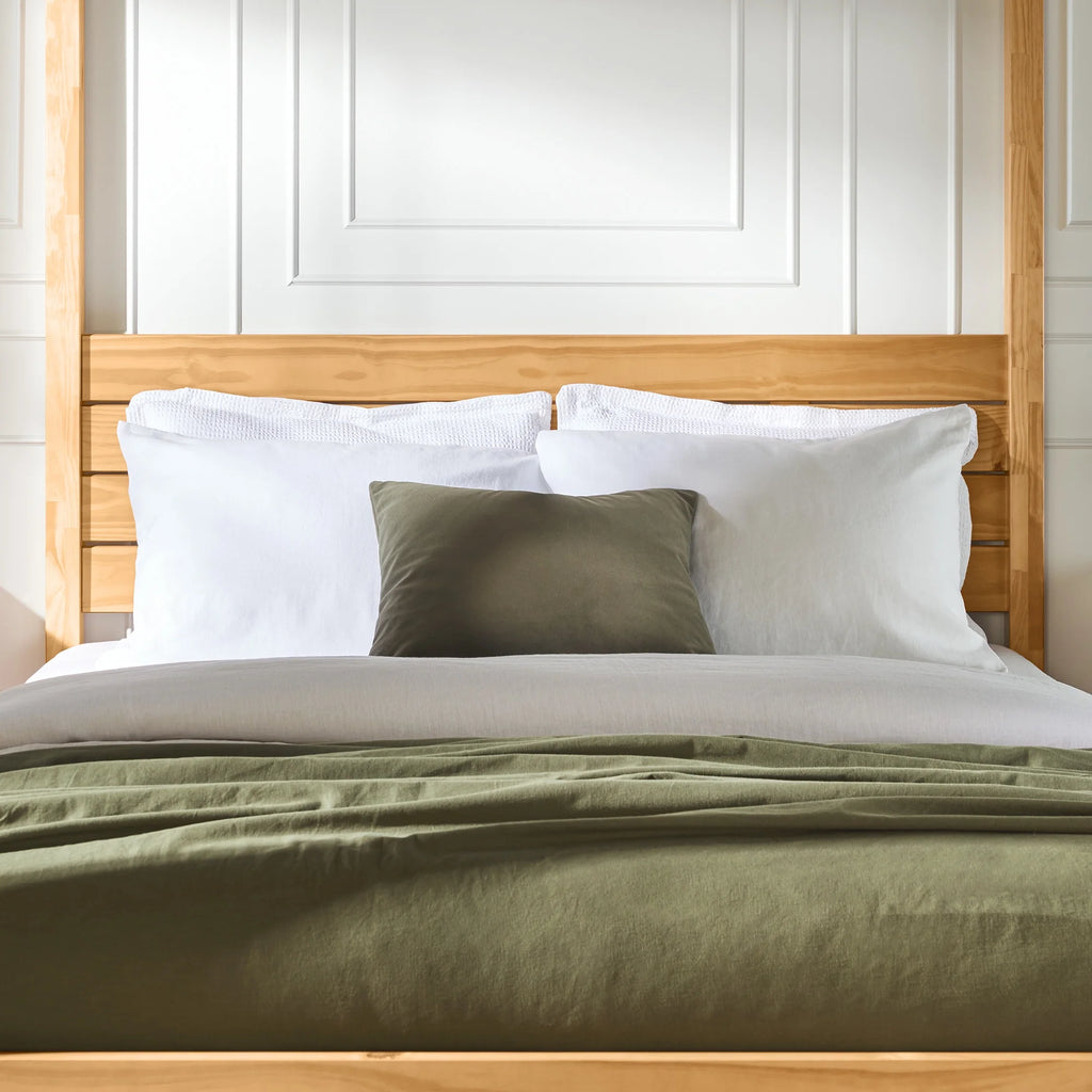 Walker Edison Minimalist Slatted Wood Queen Canopy Bedframe, Natural Pine