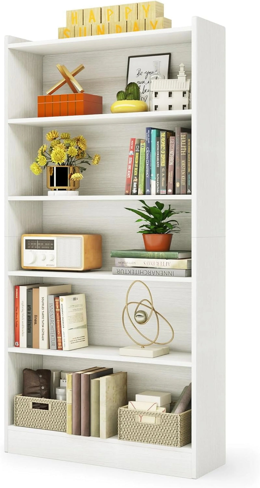 LL 72-inch Tall Bookcase, Modern 6-Tier White Library Bookshelf with Storage Shelves, Large Open Bookcases Wood Display Shelving Unit for Bedroom Living Room Office