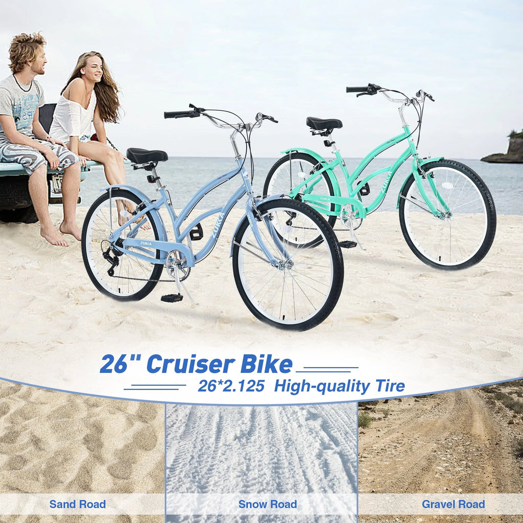 iYofe 26 inch Beach Cruiser Bike for Women Shimano 7 Speed Womens Bike, 85% Assembled, Womens Bike, Light Blue