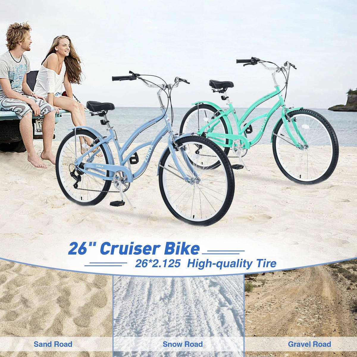 iYofe 26 inch Beach Cruiser Bike for Women Shimano 7 Speed Womens Bike, 85% Assembled, Womens Bike, Light Blue