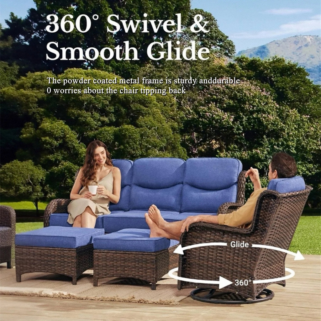 Bellefurn Luxury Outdoor Patio Furniture Set,Swivel Rocker Patio Chairs with 6-inch Thick Cushion,Patio Sofa and Glass Coffee Table,Outdoor Conversation Set for Porch, Deck, Yard