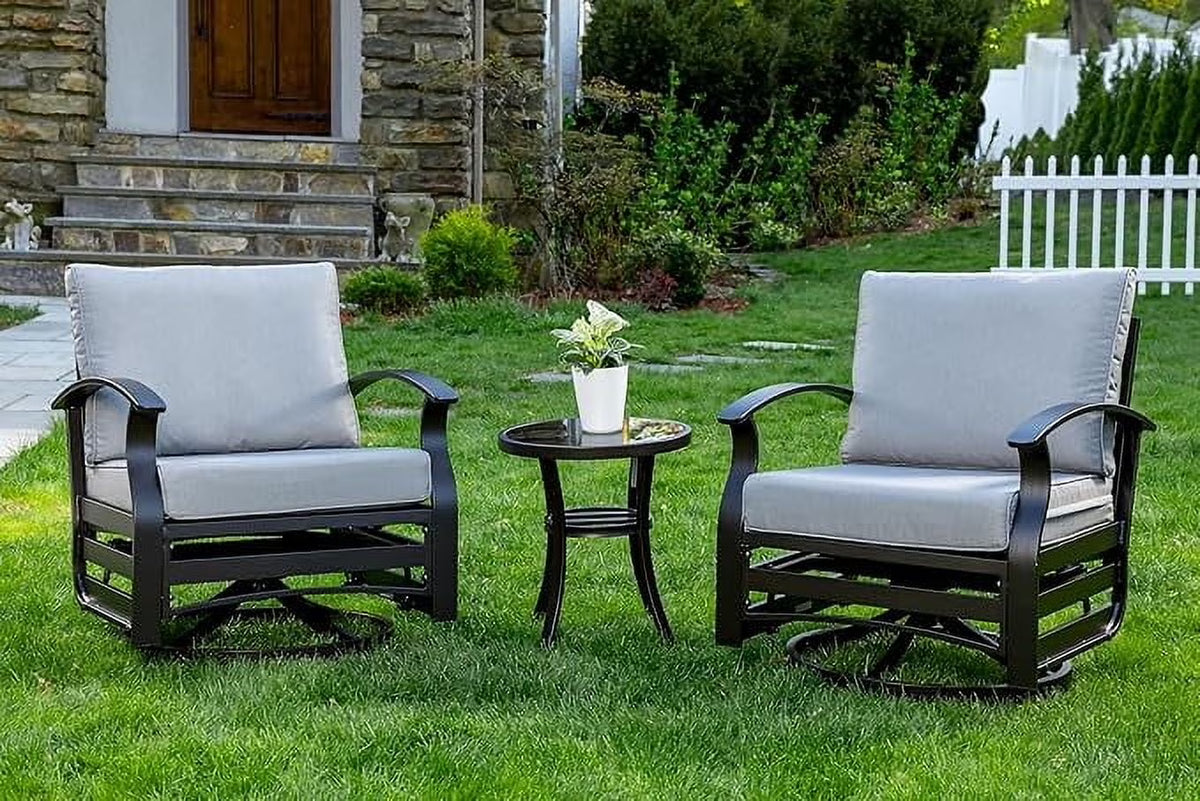 ALAULM 3 Piece Patio Outdoor Aluminum Metal Swivel Rocking Chair with 1 Coffee Table and 2 Khaki Padded Cushions Outdoor Metal Swivel Rocking Chair Furniture Conversation Set for Porch Garden