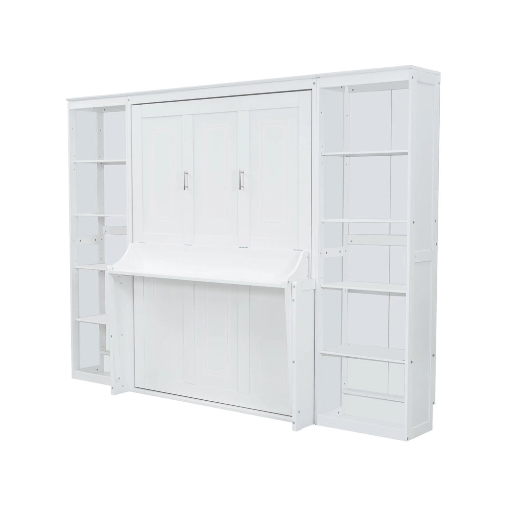 Euroco Wood Full Size Murphy Bed with Desk and Shelves, Space-Saving Wall Bed for Bedroom