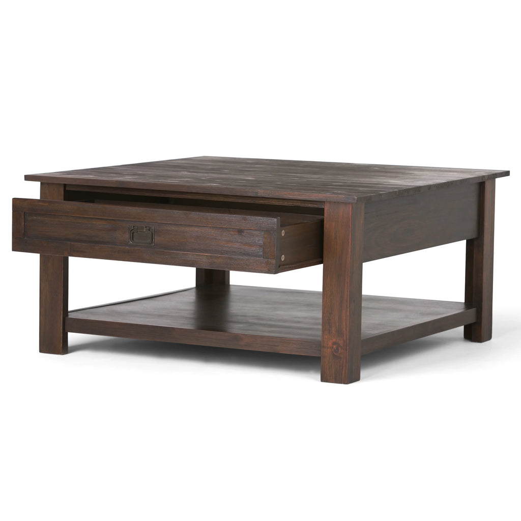 Simpli Home Monroe SOLID ACACIA WOOD 38 inch Wide Square Rustic Coffee Table in Distressed Charcoal Brown