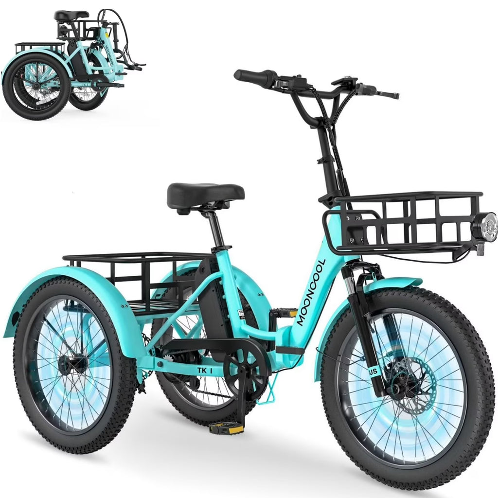 MOONCOOL TK1 Folding Electric Tricycle for Adults,48V 14.5Ah Removable battery, 500W��Peak 1000w��Motor, 20" Fat Tire Step-Thru 3Wheel Electric Bicycle w/Front&Rear Baskets, Certified to UL 2849 by SGS