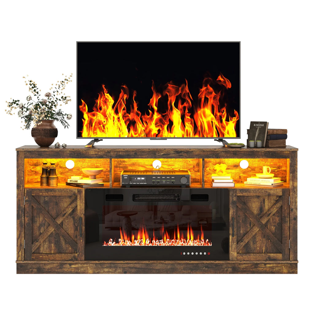 ChVans 70" Fireplace TV Stand for TVs up to 80" with 36" Electric Fireplace, Farmhouse Entertainment Center with LED, Wooden Media Console for Living Room, Bedroom