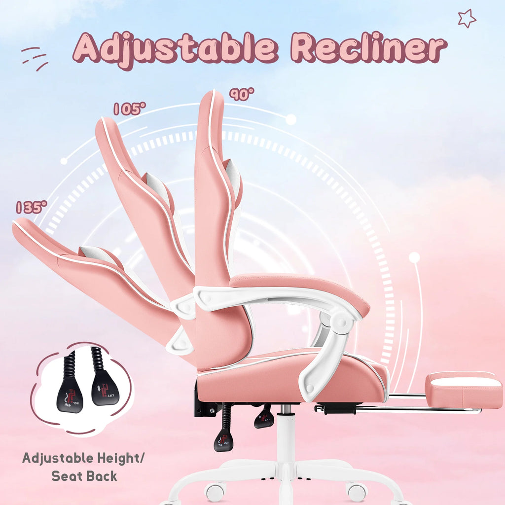 Lacoo PU Leather Gaming Chair Massage Ergonomic Gamer Chair Height Adjustable Computer Chair with Footrest & Lumbar Support, White