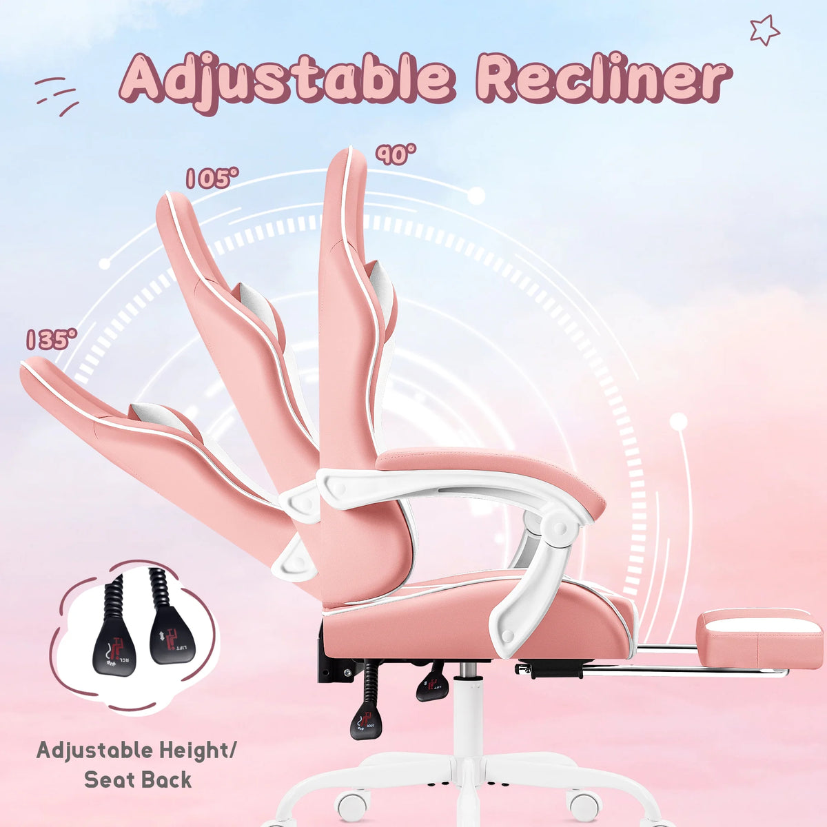 Lacoo PU Leather Gaming Chair Massage Ergonomic Gamer Chair Height Adjustable Computer Chair with Footrest & Lumbar Support, White