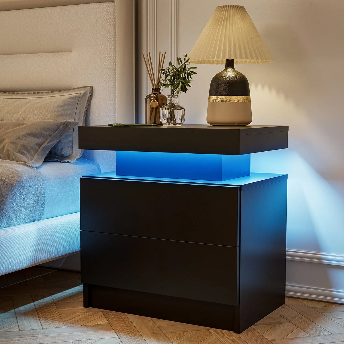 LED Nightstand Set of 2, Modern Bedside Table with 2 Drawers Storage Space, Adjustable Colors LED Light, Black