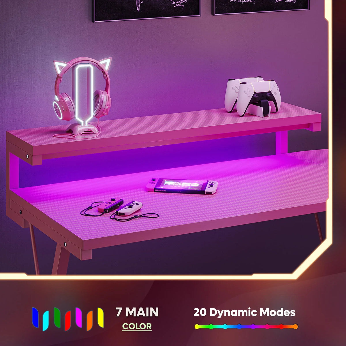 Bestier Pink Computer Desk with LED Light L-Shaped Desk Gaming Computer Desk with Monitor Stand