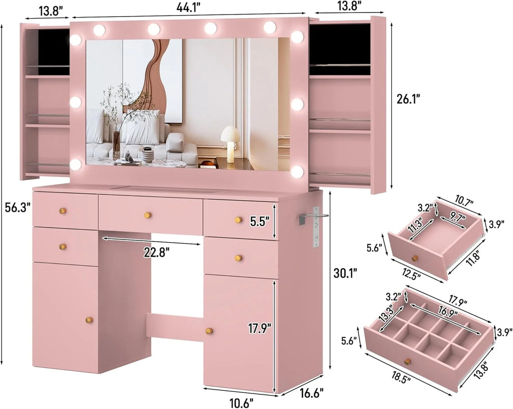 White Vanity Desk with Large Lighted Mirror & Power Outlet, Makeup Vanity Table with Glass Top & Drawers, Sliding Storage, 44.1" Large Makeup Vanity Table for Women Girls, White