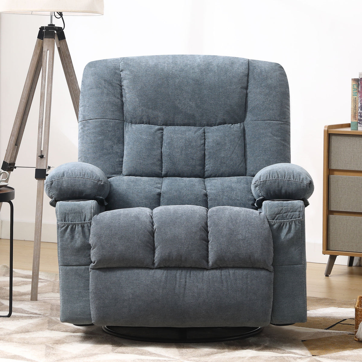 JONPONY Manual Recliner Chair with Heat Therapy and Massage Function, Heavy Duty Reclining Mechanism Massage Chair, Elderly Single Rocker Sofa with Cup Holders for Bedroom Home Theater,Blue