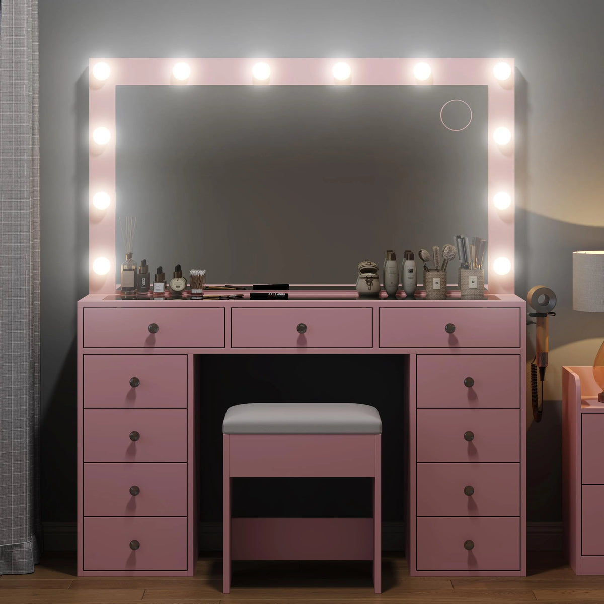 White Vanity Desk with Illuminated Mirror & Power Outlet, 11 Drawers Vanity Table with Chair, Makeup Vanity with 12 LED Lights, Tempered Glass Top, Dressing Table for Bedroom,Dressing Room