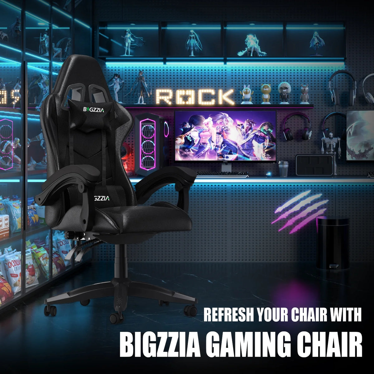 Bigzzia Gaming Chair Office Chair, Ergonomic Game Chair with Height Adjustable Headrest and Lumbar Support for Adults Teens, Black & White