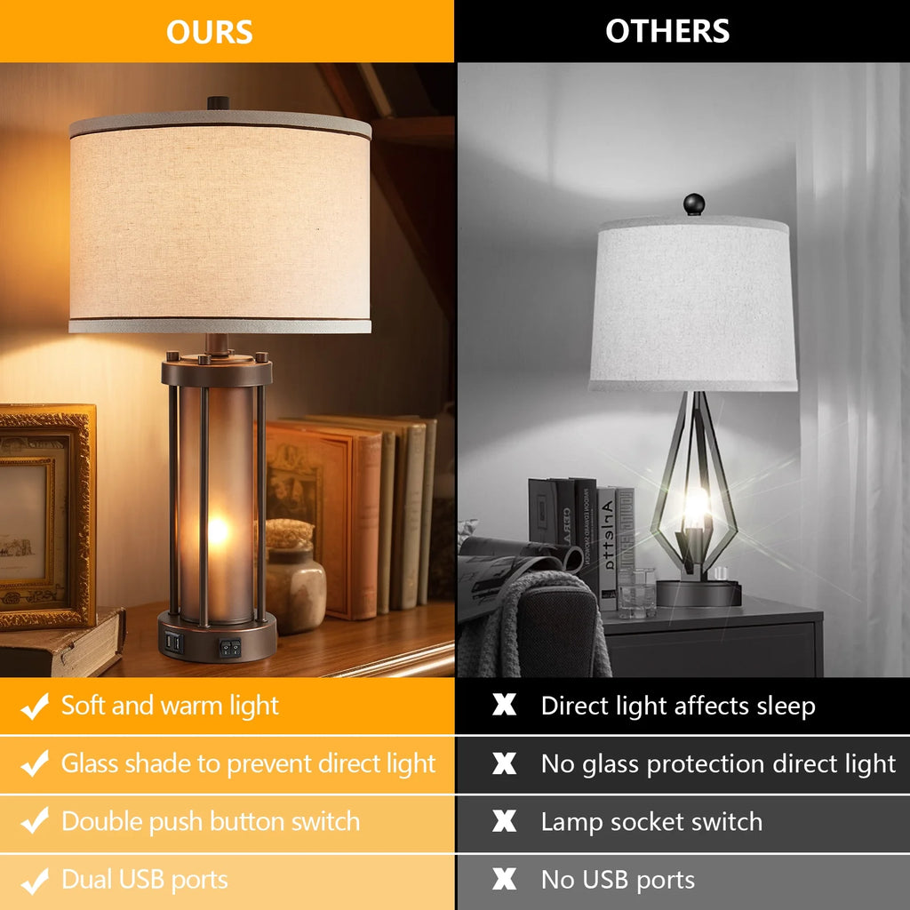 RORIA 24a?? Modern Living Room Table Lamp 2-Piece Set with 2 USB Charging Ports, Built-in White Frosted Glass with Night Light, Black Vintage Rustic Farmhouse Lamp for Bedroom Nightstand Lamps