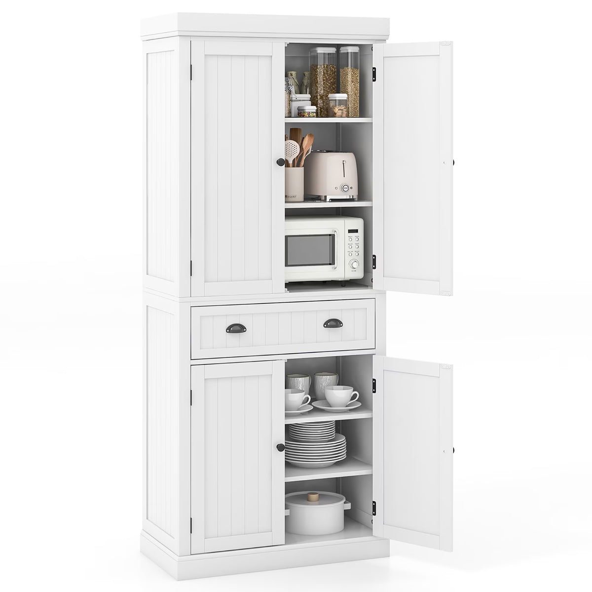 Gymax 72'' Kitchen Pantry Storage Cabinet Tall Freestanding Cupboard w/ 4 Doors Large Drawer White