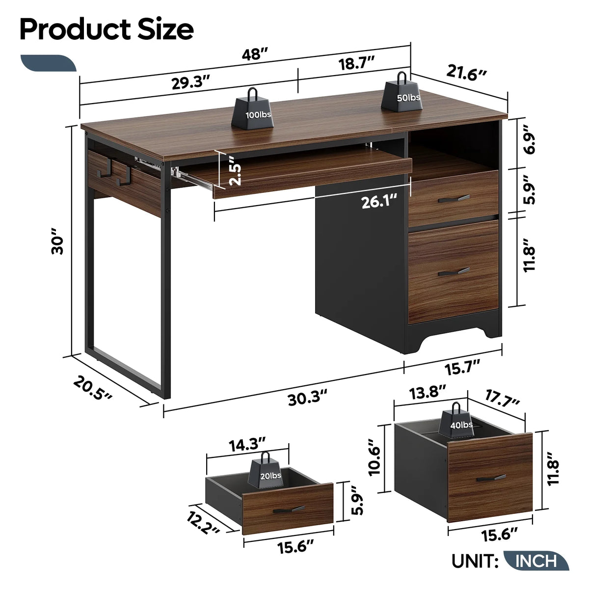 Bestier 55 Inch Office Desk with Drawers, Keyboard Tray, 2 Hooks, Modern Fluted Computer Desk for Home, Grey